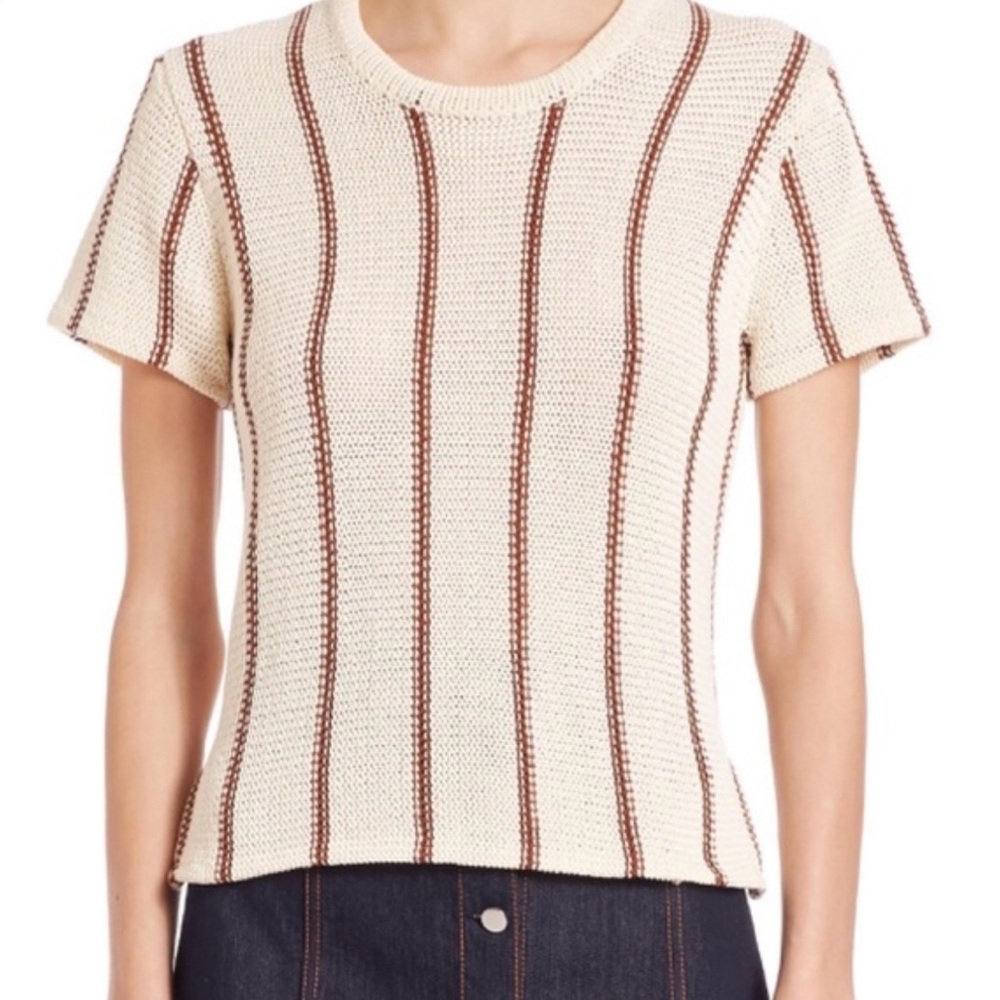 Theory Cream and Brown Ribbed Fitted T-Shirt